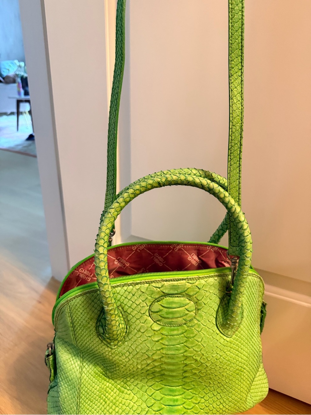 Green Python-Embossed Leather Tote - Picture 9 of 11